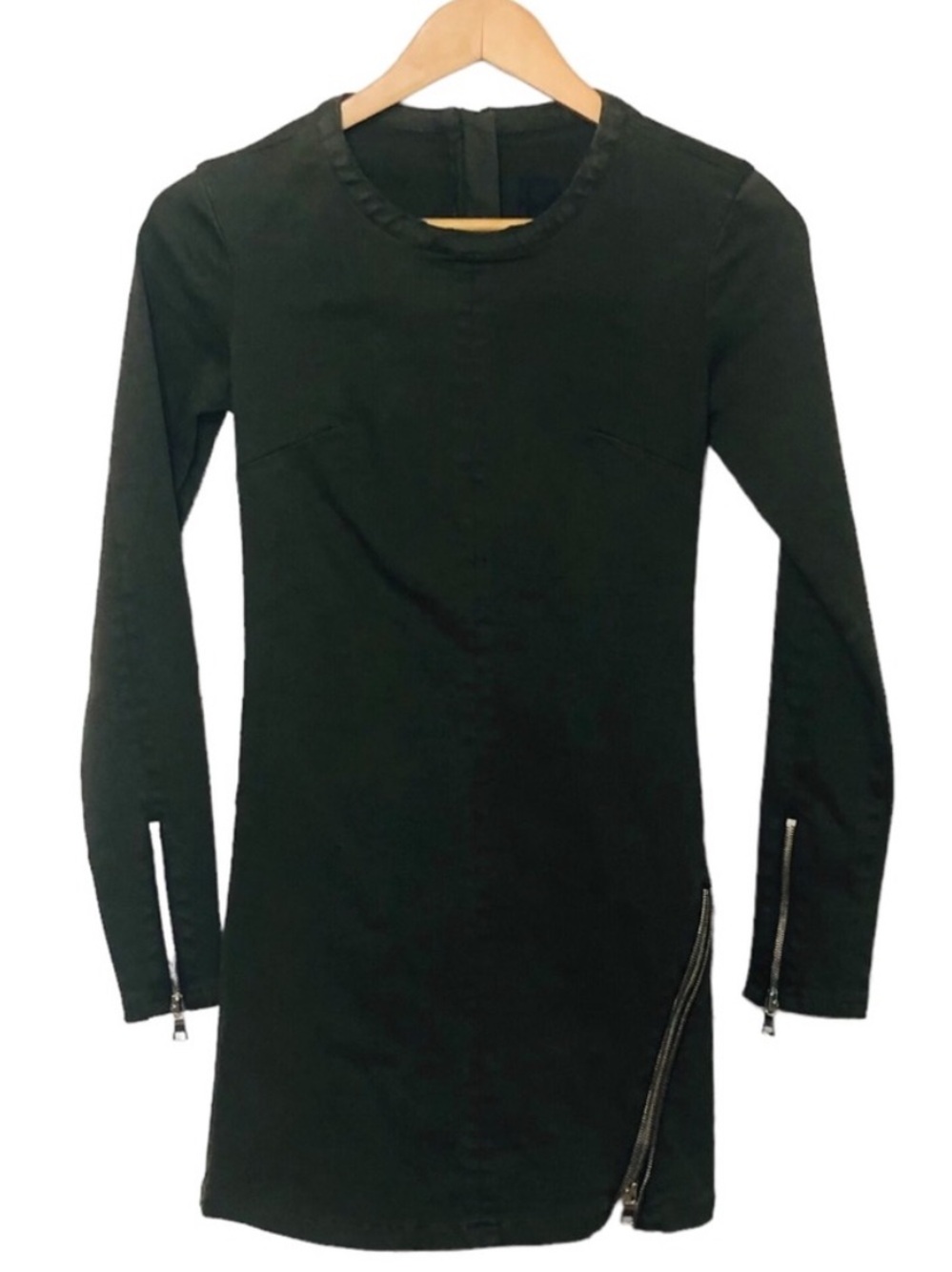RtA Denim Zip Dress Dark Green NWT Asymmetric Exposed Zipper Bodycon Size US 0